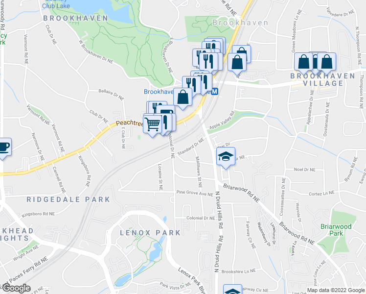 map of restaurants, bars, coffee shops, grocery stores, and more near 1170 Standard Drive Northeast in Atlanta