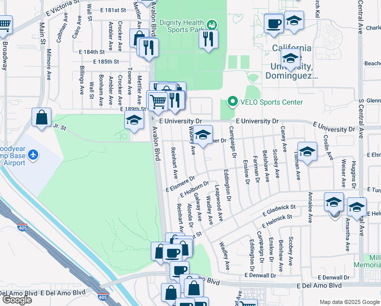 map of restaurants, bars, coffee shops, grocery stores, and more near 19309 Wadley Avenue in Carson