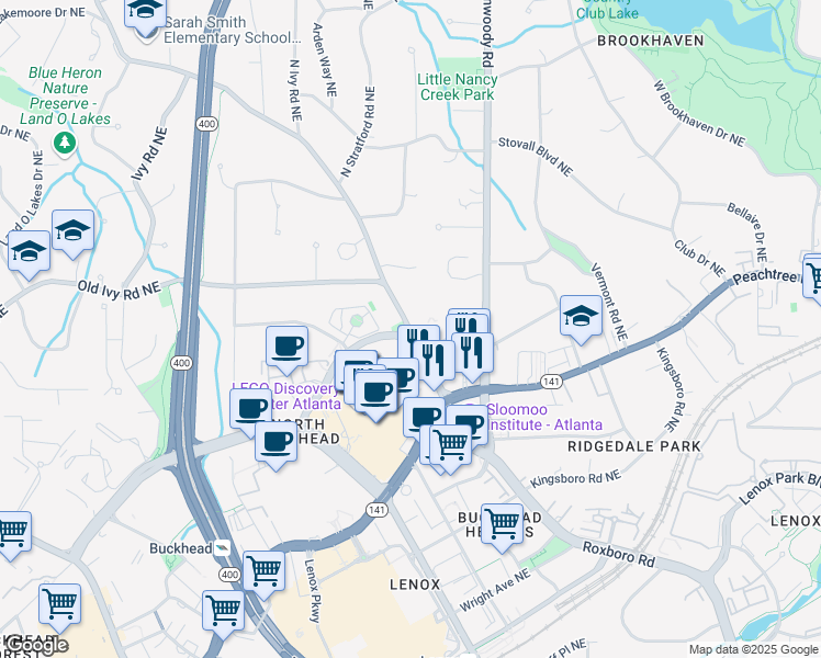 map of restaurants, bars, coffee shops, grocery stores, and more near 4947 Wieuca Rd NE in Atlanta