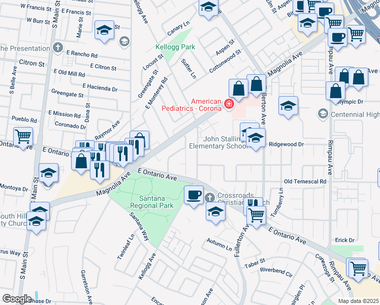 map of restaurants, bars, coffee shops, grocery stores, and more near 2051 Wren Avenue in Corona