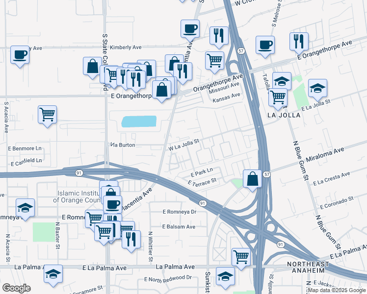 map of restaurants, bars, coffee shops, grocery stores, and more near 875 West La Jolla Street in Placentia