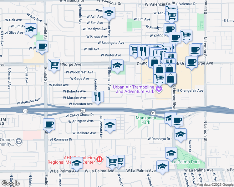 map of restaurants, bars, coffee shops, grocery stores, and more near 467 West Roberta Avenue in Fullerton