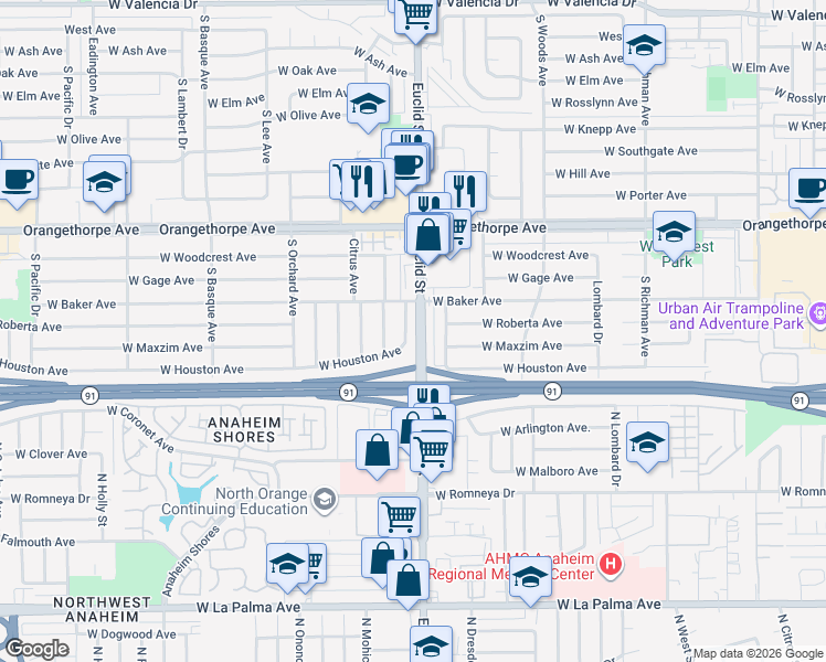 map of restaurants, bars, coffee shops, grocery stores, and more near 1000 West Houston Avenue in Fullerton