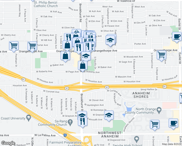 map of restaurants, bars, coffee shops, grocery stores, and more near 2130 West Roberta Avenue in Fullerton