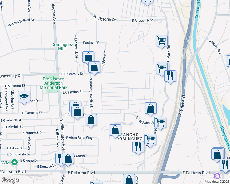 map of restaurants, bars, coffee shops, grocery stores, and more near 3rd Street in Compton
