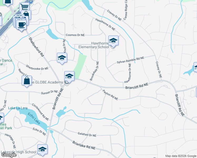 map of restaurants, bars, coffee shops, grocery stores, and more near 2781 Overlook Drive Northeast in Atlanta