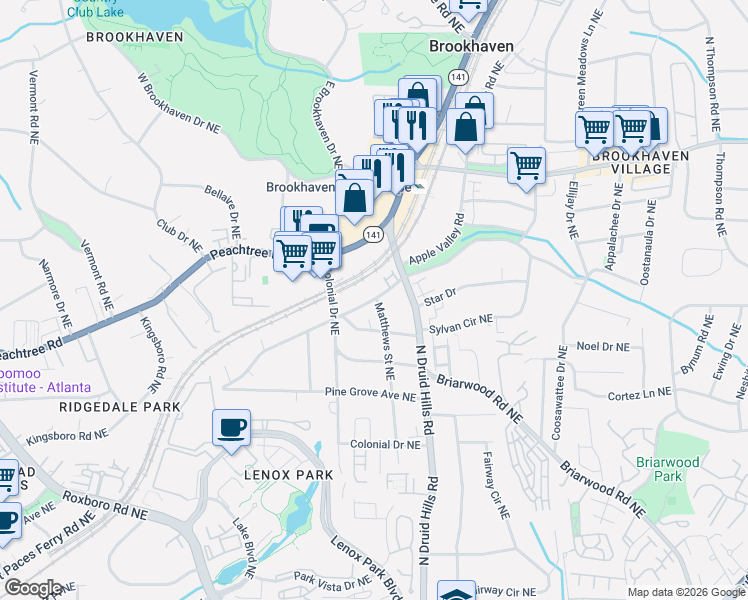 map of restaurants, bars, coffee shops, grocery stores, and more near 1186 Standard Drive Northeast in Atlanta