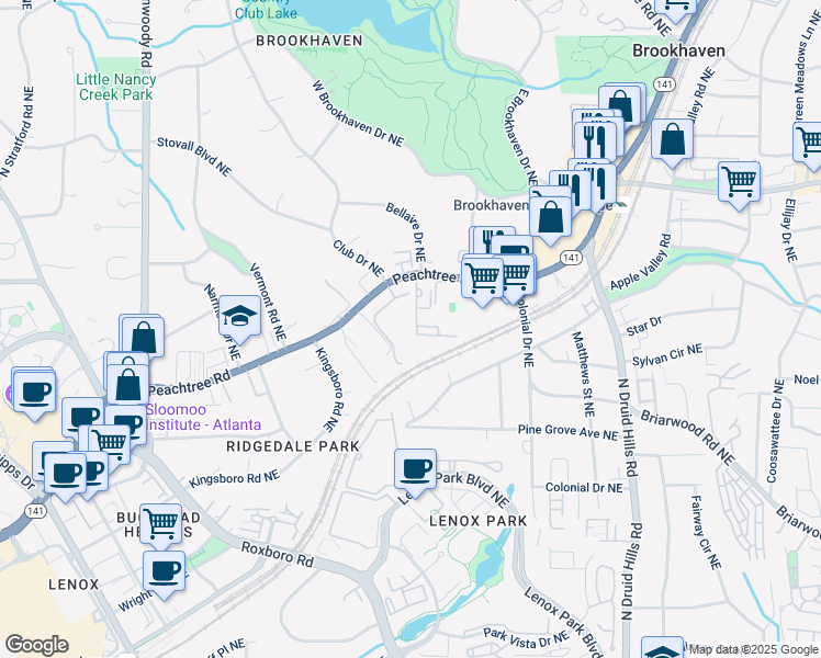 map of restaurants, bars, coffee shops, grocery stores, and more near 3777 Peachtree Road Northeast in Atlanta