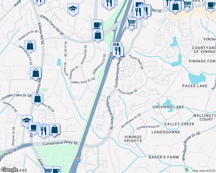 map of restaurants, bars, coffee shops, grocery stores, and more near 2203 Cumberland Parkway Southeast in Atlanta