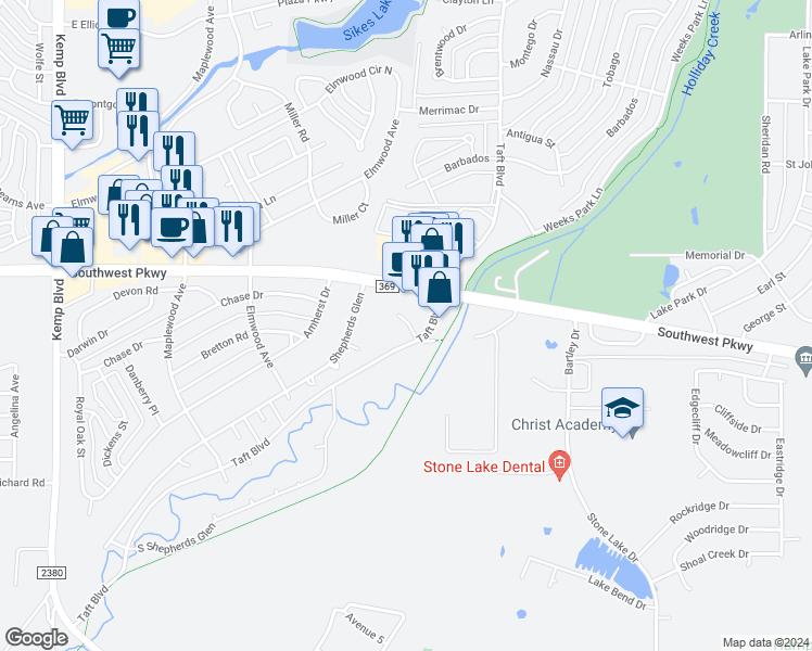 map of restaurants, bars, coffee shops, grocery stores, and more near 2201 Southwest Parkway in Wichita Falls
