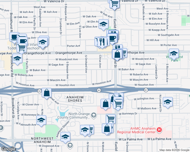 map of restaurants, bars, coffee shops, grocery stores, and more near 1507 South Lovering Avenue in Fullerton