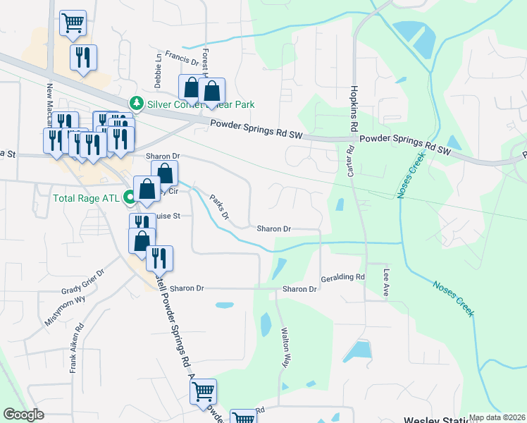 map of restaurants, bars, coffee shops, grocery stores, and more near 3712 Sharon Drive in Powder Springs
