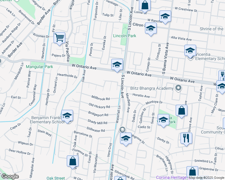 map of restaurants, bars, coffee shops, grocery stores, and more near 2375 Talbot Circle in Corona