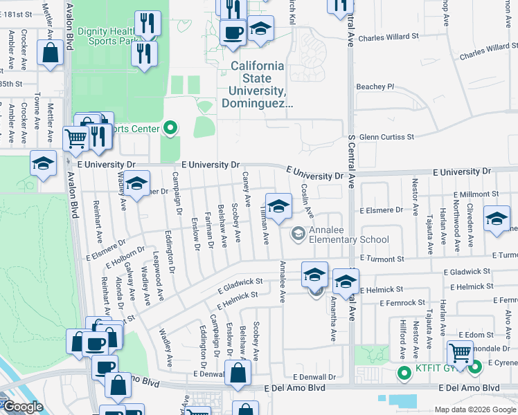 map of restaurants, bars, coffee shops, grocery stores, and more near 19309 Tillman Avenue in Carson