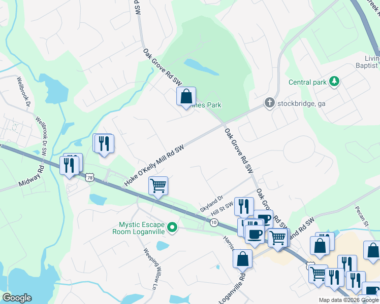map of restaurants, bars, coffee shops, grocery stores, and more near 592 Hoke O'Kelly Mill Road Southwest in Loganville