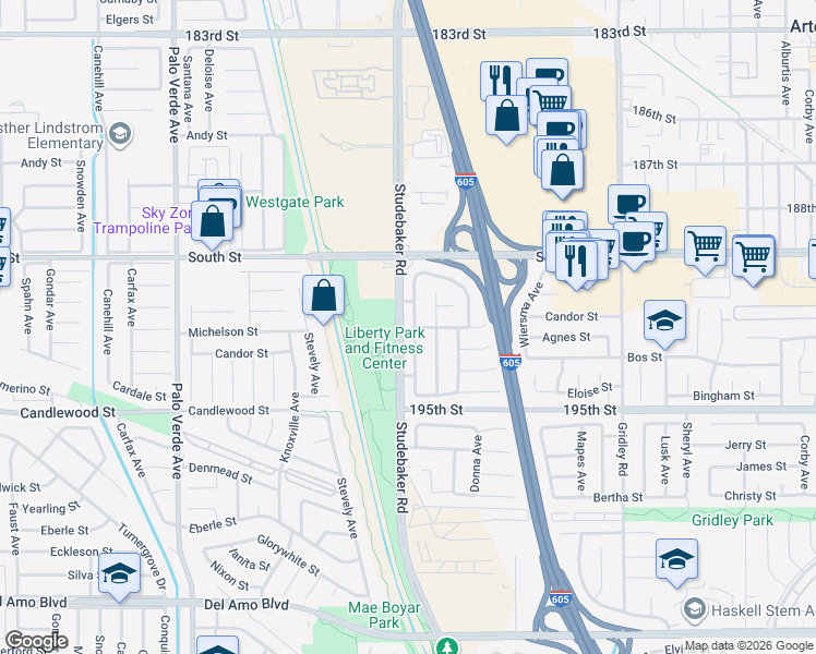 map of restaurants, bars, coffee shops, grocery stores, and more near 19127 Allingham Avenue in Cerritos