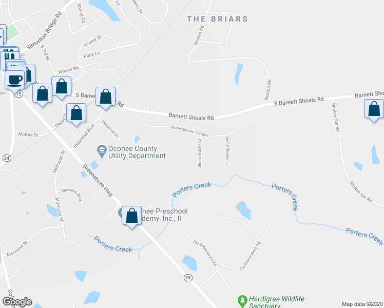 map of restaurants, bars, coffee shops, grocery stores, and more near 1050 Stone Shoals Court in Watkinsville