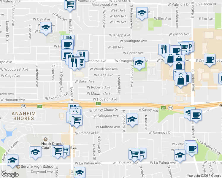 map of restaurants, bars, coffee shops, grocery stores, and more near 631 West Roberta Avenue in Fullerton