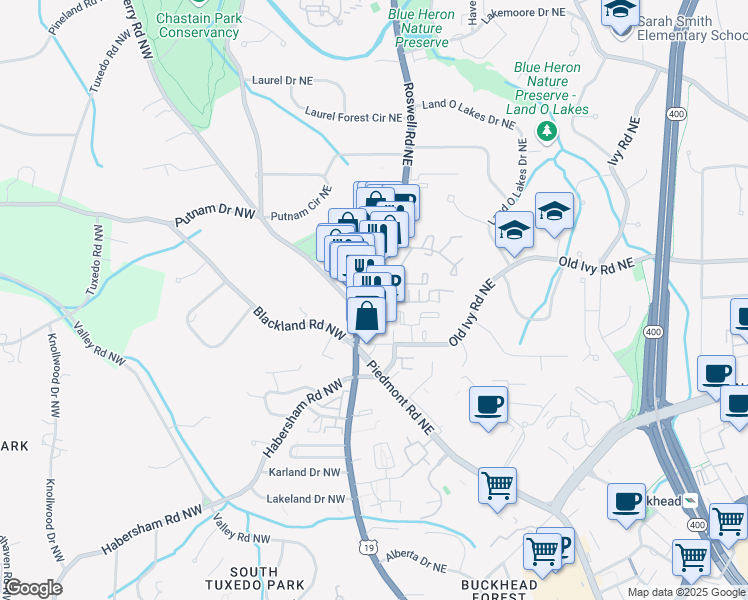 map of restaurants, bars, coffee shops, grocery stores, and more near 3707 Roswell Road Northeast in Atlanta