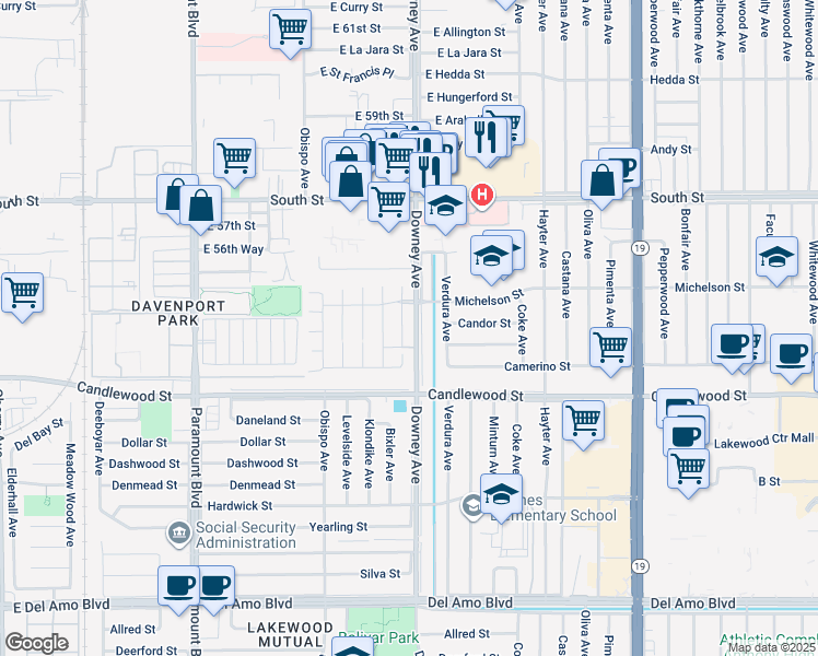 map of restaurants, bars, coffee shops, grocery stores, and more near 5539 Samantha Avenue in Lakewood
