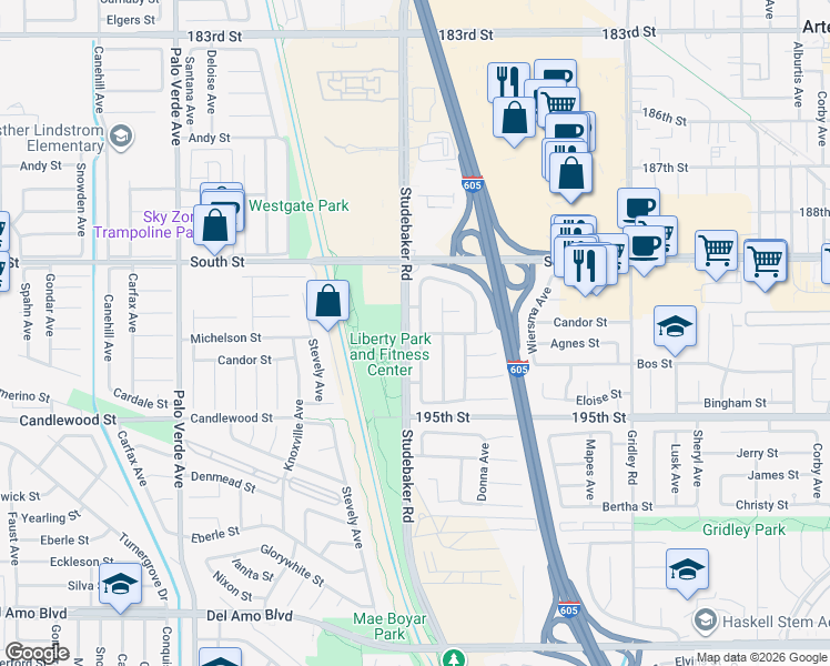 map of restaurants, bars, coffee shops, grocery stores, and more near 19127 Allingham Avenue in Cerritos