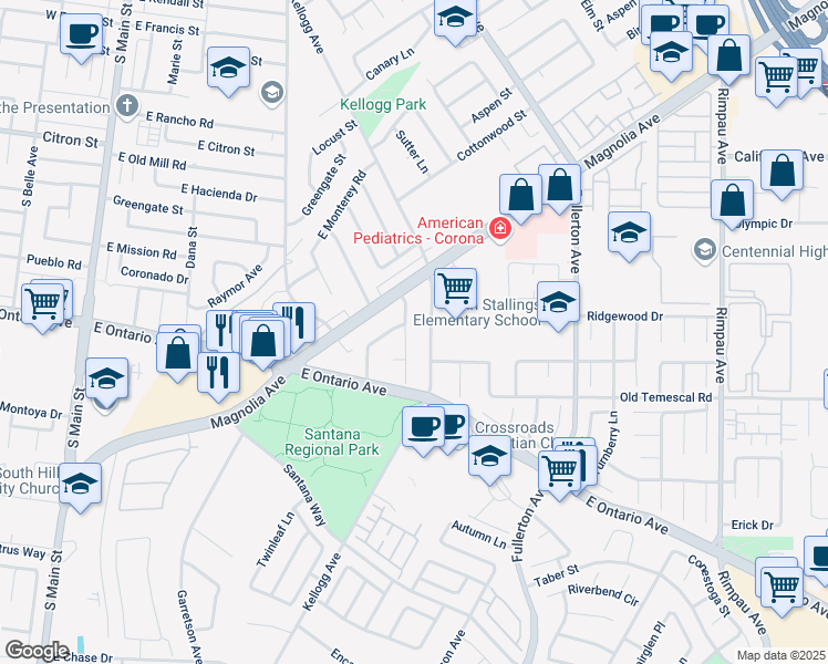 map of restaurants, bars, coffee shops, grocery stores, and more near 2051 Wren Avenue in Corona