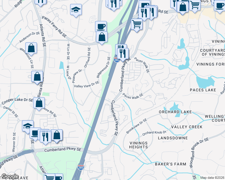 map of restaurants, bars, coffee shops, grocery stores, and more near 2203 Cumberland Parkway Southeast in Atlanta