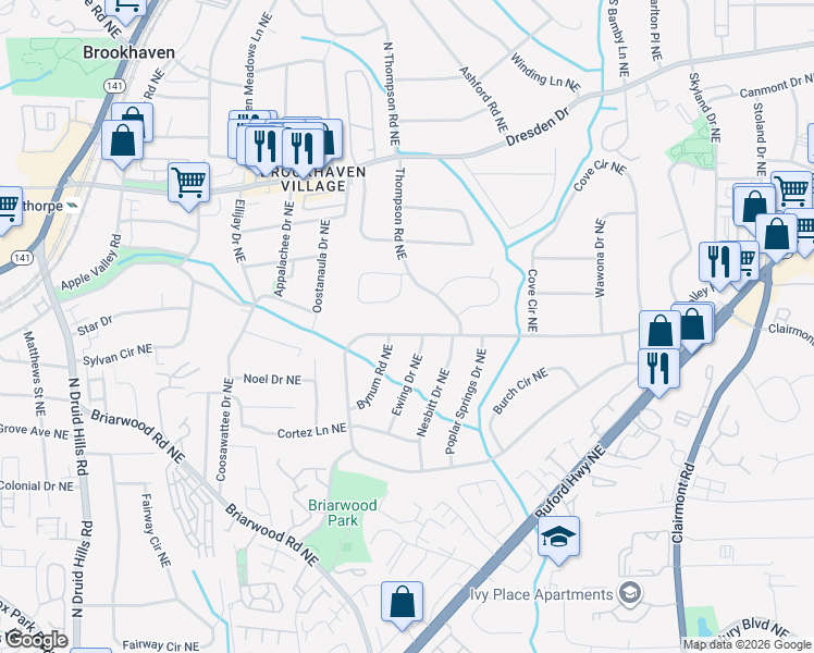 map of restaurants, bars, coffee shops, grocery stores, and more near 2432 Thompson Road Northeast in Brookhaven