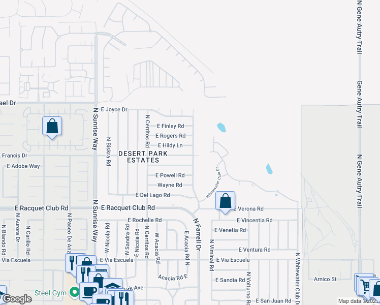 map of restaurants, bars, coffee shops, grocery stores, and more near 2490 East Francis Drive in Palm Springs