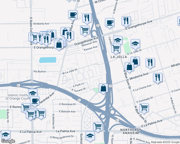 map of restaurants, bars, coffee shops, grocery stores, and more near 600 West La Jolla Street in Placentia