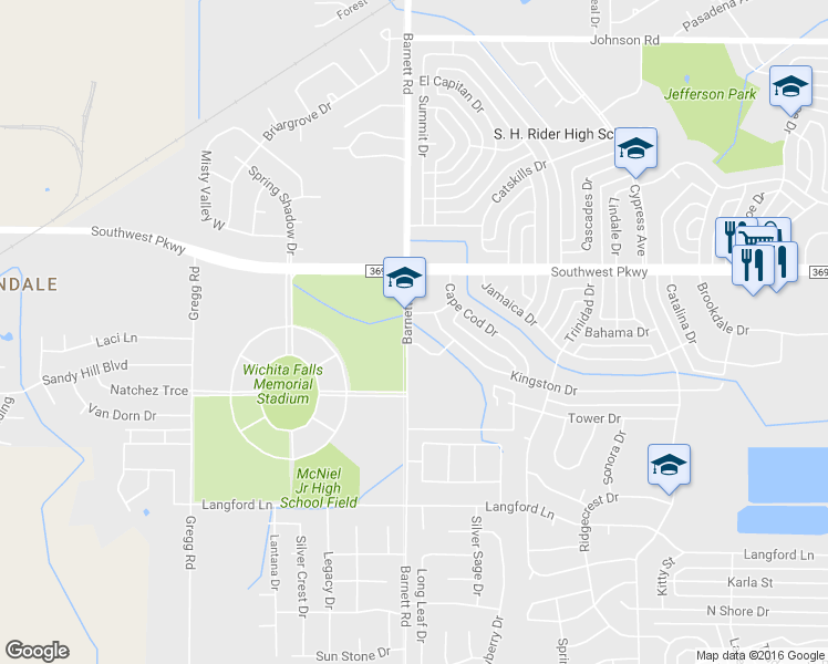 map of restaurants, bars, coffee shops, grocery stores, and more near 5312 Montreal Drive in Wichita Falls