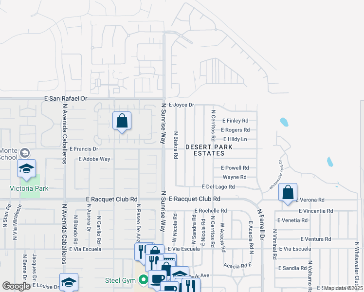 map of restaurants, bars, coffee shops, grocery stores, and more near 1808 East Francis Drive in Palm Springs