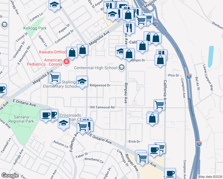 map of restaurants, bars, coffee shops, grocery stores, and more near 1921 Lynwood Circle in Corona