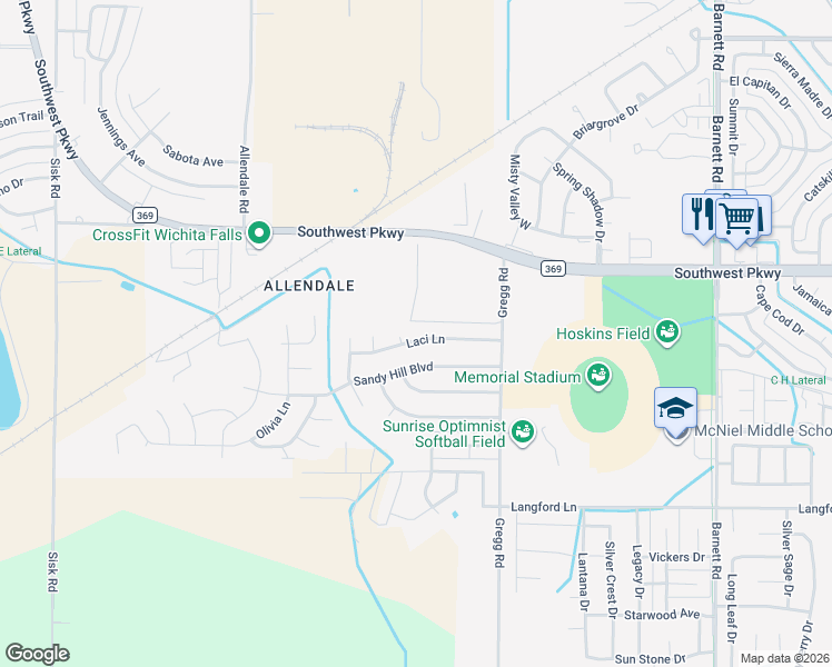 map of restaurants, bars, coffee shops, grocery stores, and more near 6028 Laci Lane in Wichita Falls