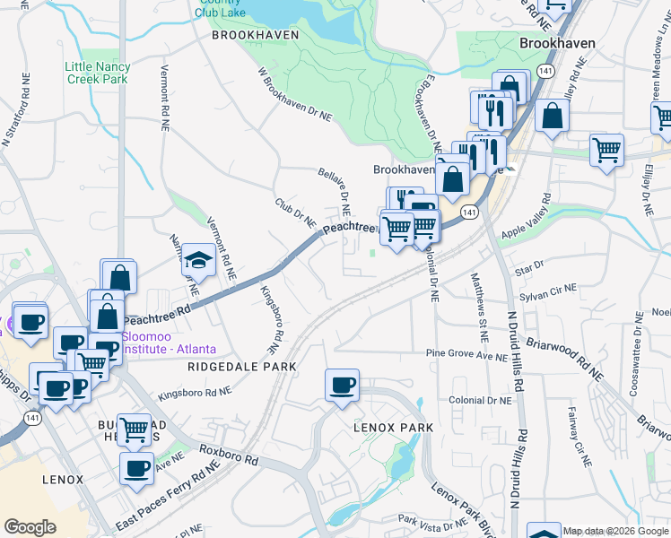 map of restaurants, bars, coffee shops, grocery stores, and more near 3777 Peachtree Road in Brookhaven
