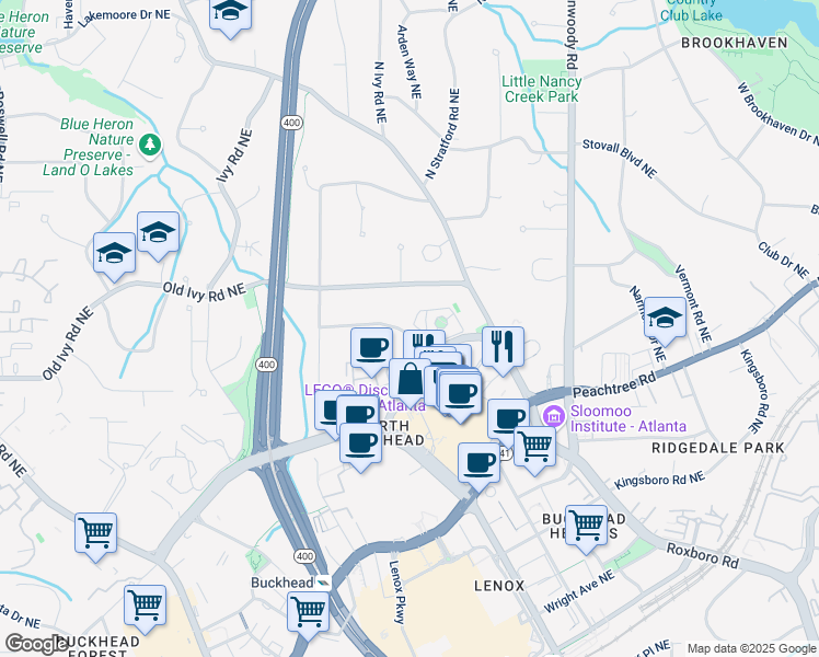 map of restaurants, bars, coffee shops, grocery stores, and more near 704 Longleaf Drive Northeast in Atlanta