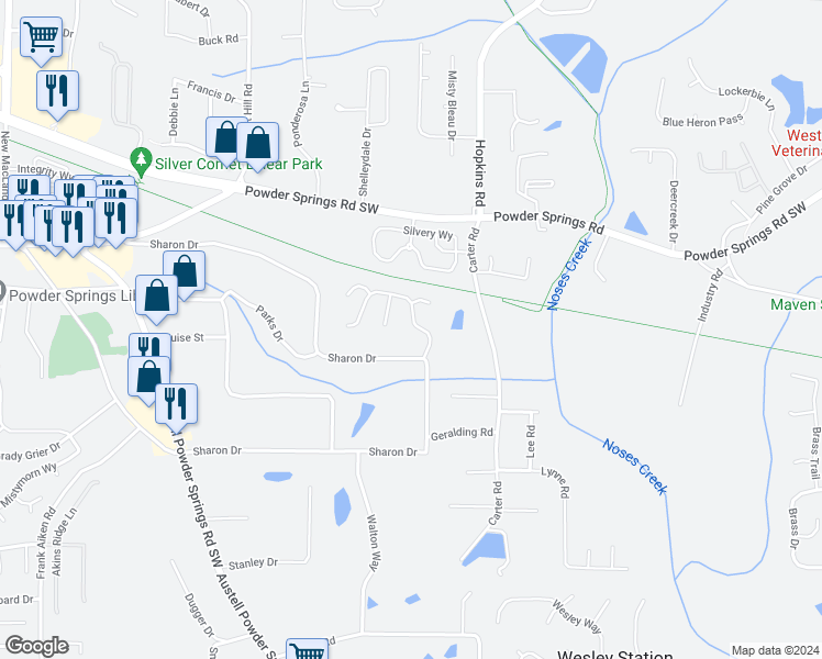 map of restaurants, bars, coffee shops, grocery stores, and more near 4040 Sharon Woods Drive in Powder Springs