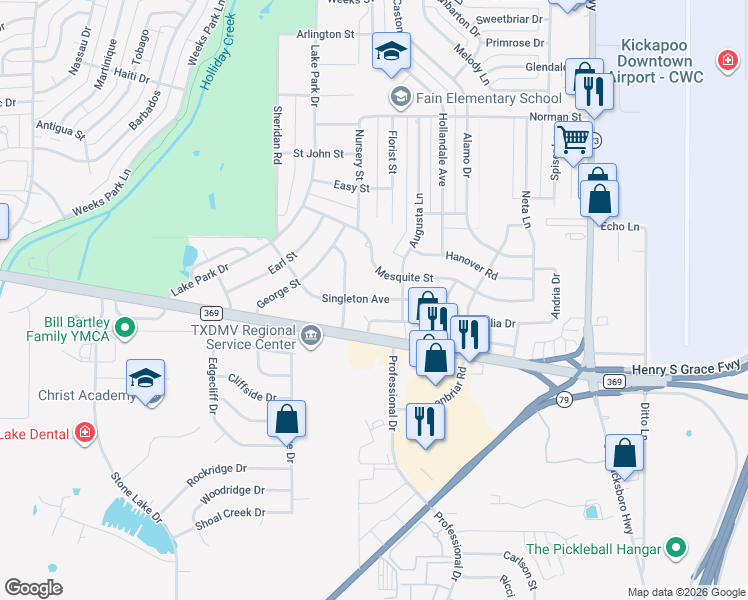 map of restaurants, bars, coffee shops, grocery stores, and more near 1579 Singleton Avenue in Wichita Falls
