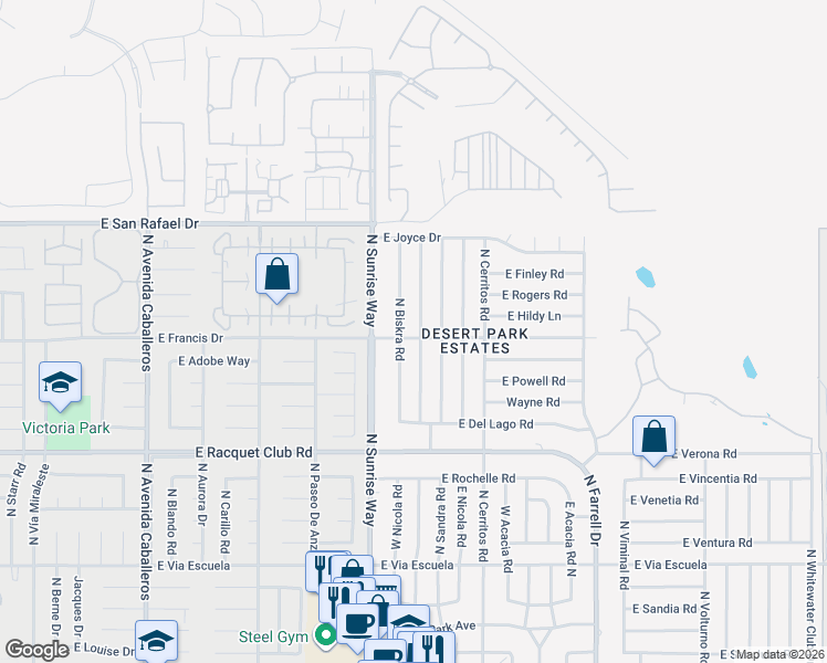 map of restaurants, bars, coffee shops, grocery stores, and more near 2930 North Bahada Road in Palm Springs