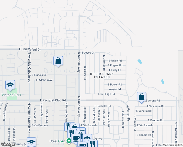map of restaurants, bars, coffee shops, grocery stores, and more near 2910 North Bahada Road in Palm Springs