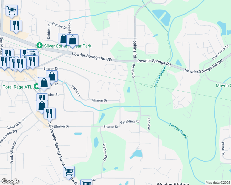 map of restaurants, bars, coffee shops, grocery stores, and more near 4040 Sharon Woods Drive in Powder Springs