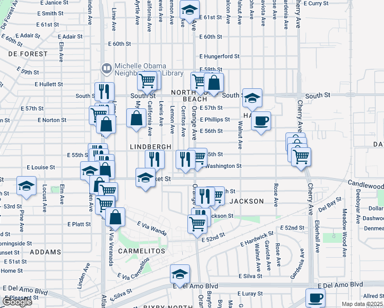 map of restaurants, bars, coffee shops, grocery stores, and more near 5497 Orange Avenue in Long Beach