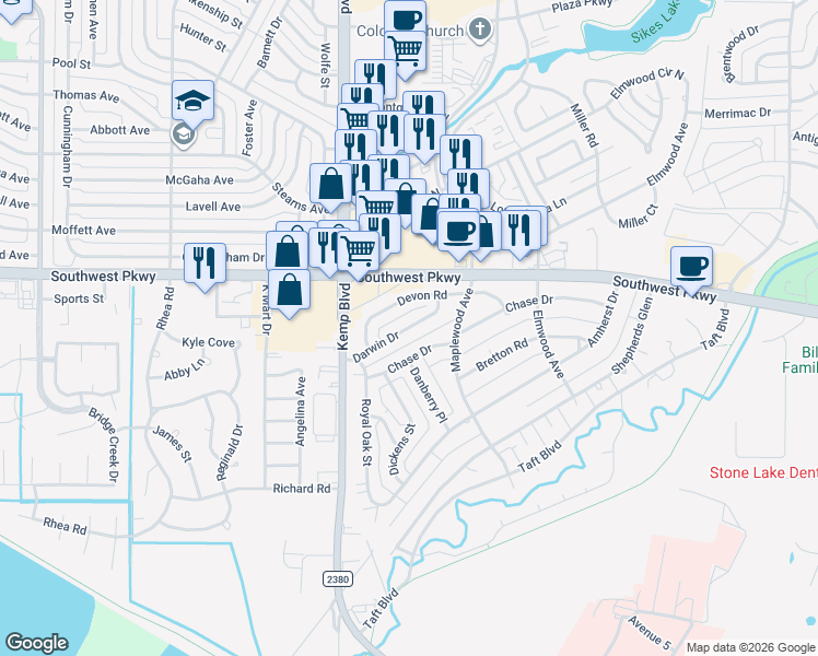 map of restaurants, bars, coffee shops, grocery stores, and more near 2708 Darwin Drive in Wichita Falls