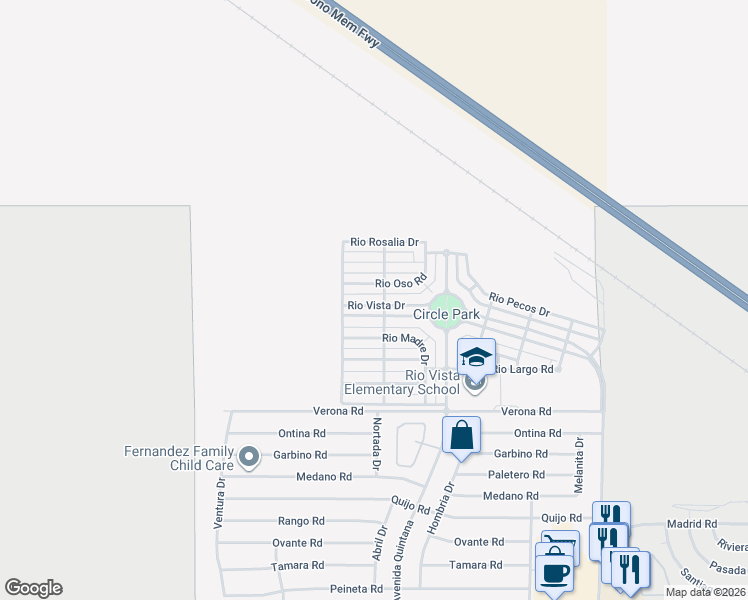 map of restaurants, bars, coffee shops, grocery stores, and more near Rio Oso Road in Cathedral City