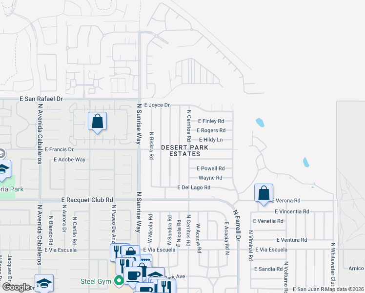 map of restaurants, bars, coffee shops, grocery stores, and more near 2912 North Cypress Road in Palm Springs