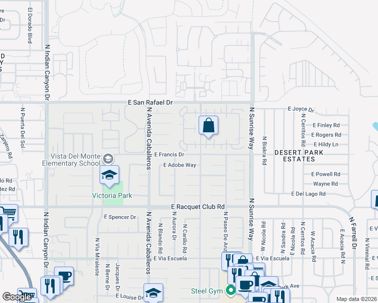 map of restaurants, bars, coffee shops, grocery stores, and more near 2844 Sunflower Loop North in Palm Springs