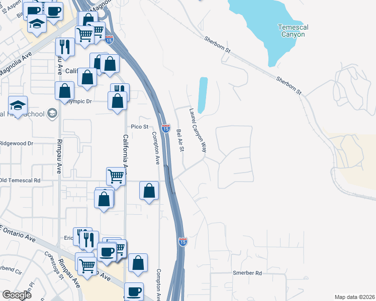 map of restaurants, bars, coffee shops, grocery stores, and more near 1841 Bel Air Street in Corona