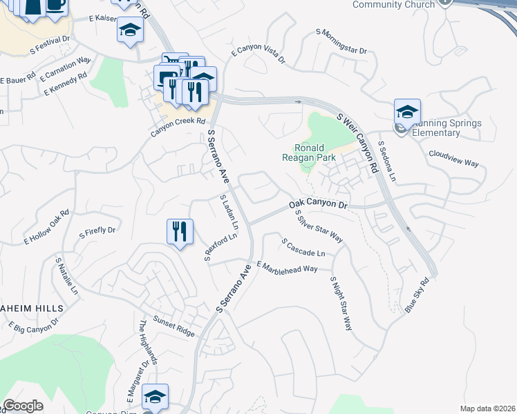 map of restaurants, bars, coffee shops, grocery stores, and more near 938 South Lone Pine Lane in Anaheim