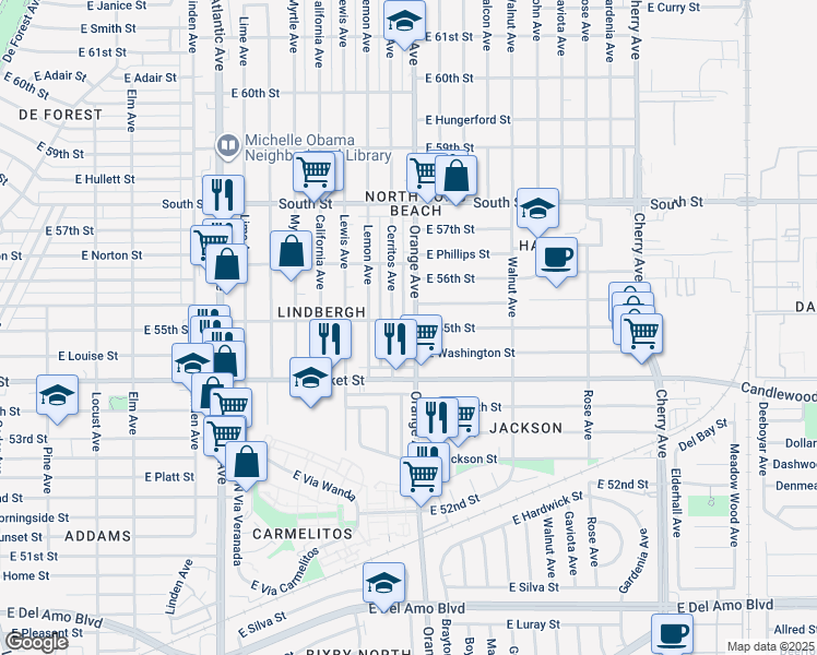 map of restaurants, bars, coffee shops, grocery stores, and more near 5513 Orange Avenue in Long Beach