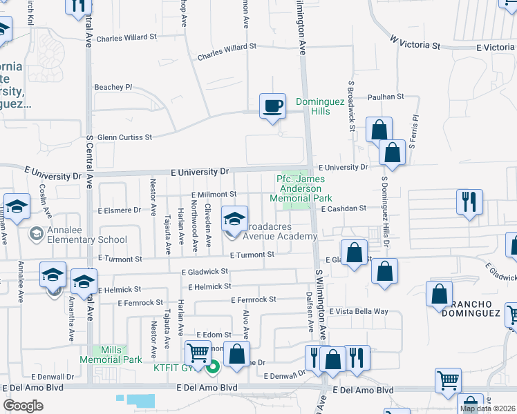 map of restaurants, bars, coffee shops, grocery stores, and more near 19206 Gunlock Avenue in Carson